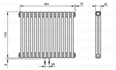 Схема (чертеж) Радиатор Zehnder Charleston 2110/14 №3470 Белый глянцевый RAL 9016